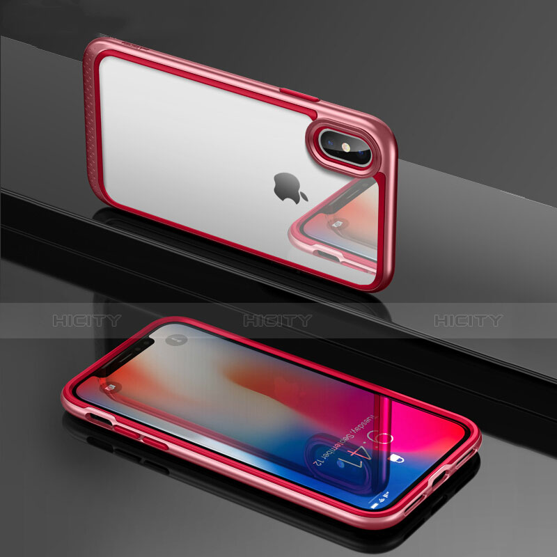 Custodia Silicone Trasparente Specchio Laterale 360 Gradi T08 per Apple iPhone X Rosso