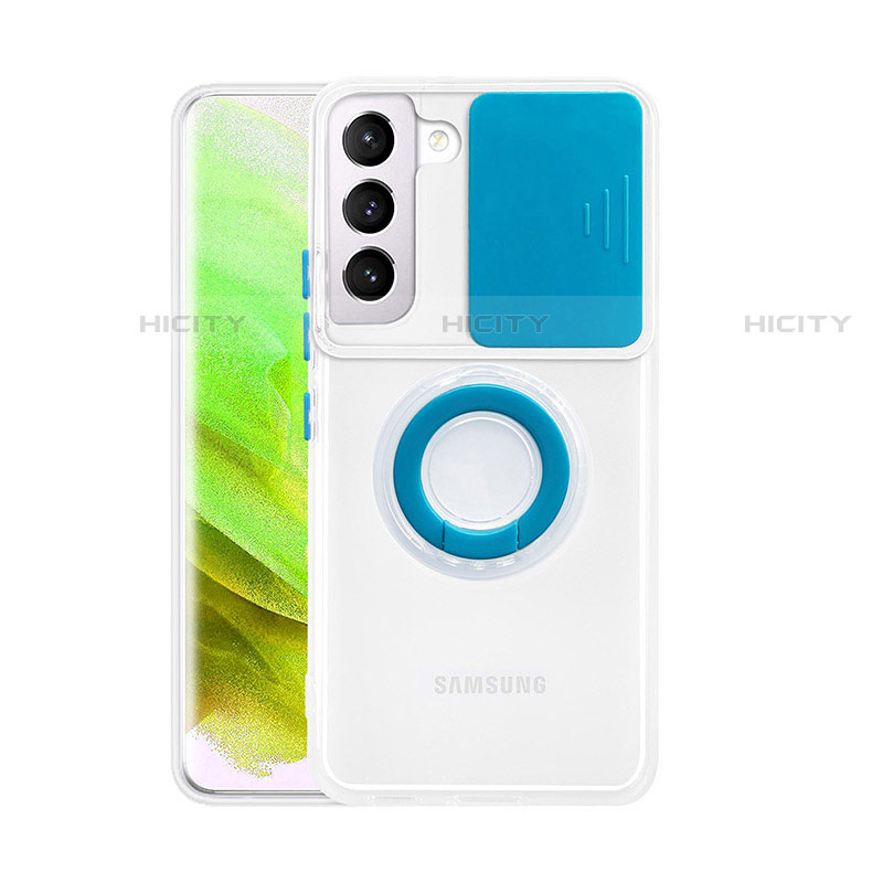 Custodia Silicone Trasparente Ultra Slim Cover Morbida con Anello Supporto A01 per Samsung Galaxy S21 5G Blu