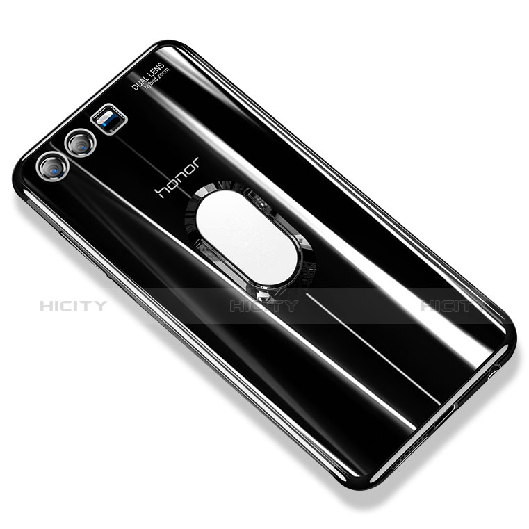 Custodia Silicone Trasparente Ultra Slim Cover Morbida con Anello Supporto S01 per Huawei Honor 9 Nero