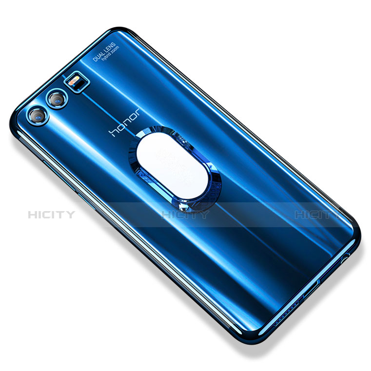 Custodia Silicone Trasparente Ultra Slim Cover Morbida con Anello Supporto S01 per Huawei Honor 9 Premium Blu