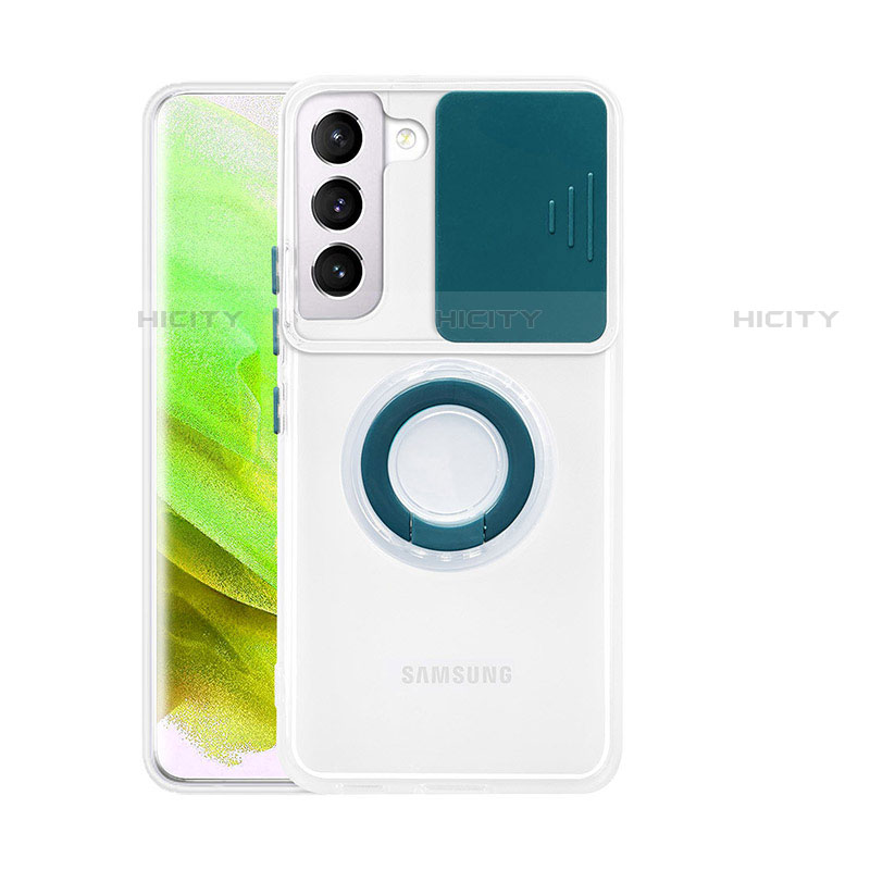 Custodia Silicone Trasparente Ultra Slim Cover Morbida con Anello Supporto S01 per Samsung Galaxy S21 FE 5G Verde Notte