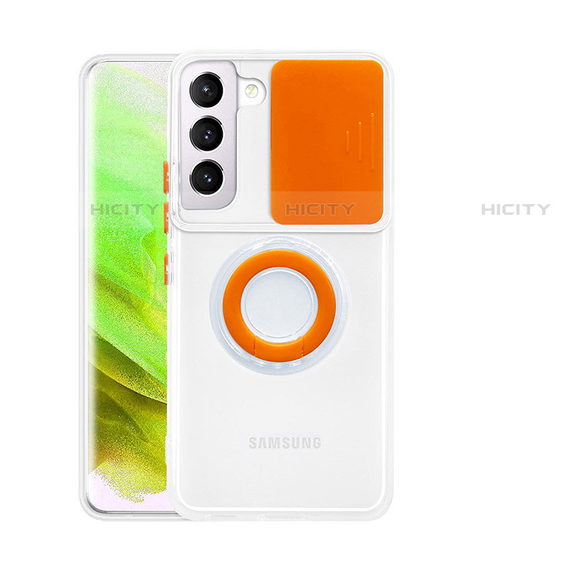 Custodia Silicone Trasparente Ultra Slim Cover Morbida con Anello Supporto S01 per Samsung Galaxy S22 5G Arancione
