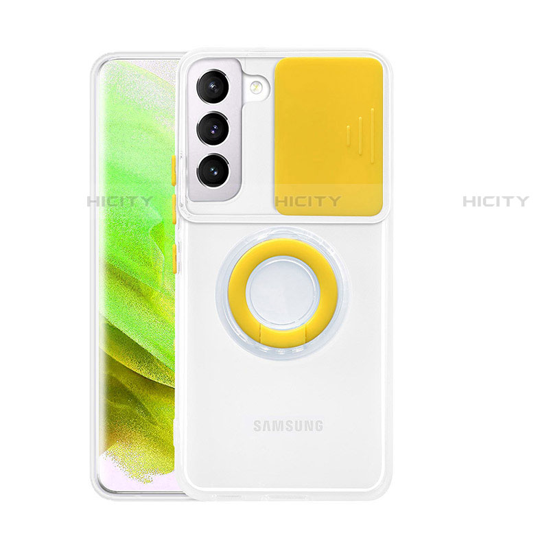 Custodia Silicone Trasparente Ultra Slim Cover Morbida con Anello Supporto S01 per Samsung Galaxy S22 Plus 5G Giallo
