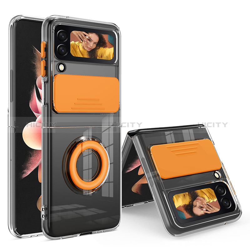 Custodia Silicone Trasparente Ultra Slim Cover Morbida con Anello Supporto S01 per Samsung Galaxy Z Flip3 5G Arancione