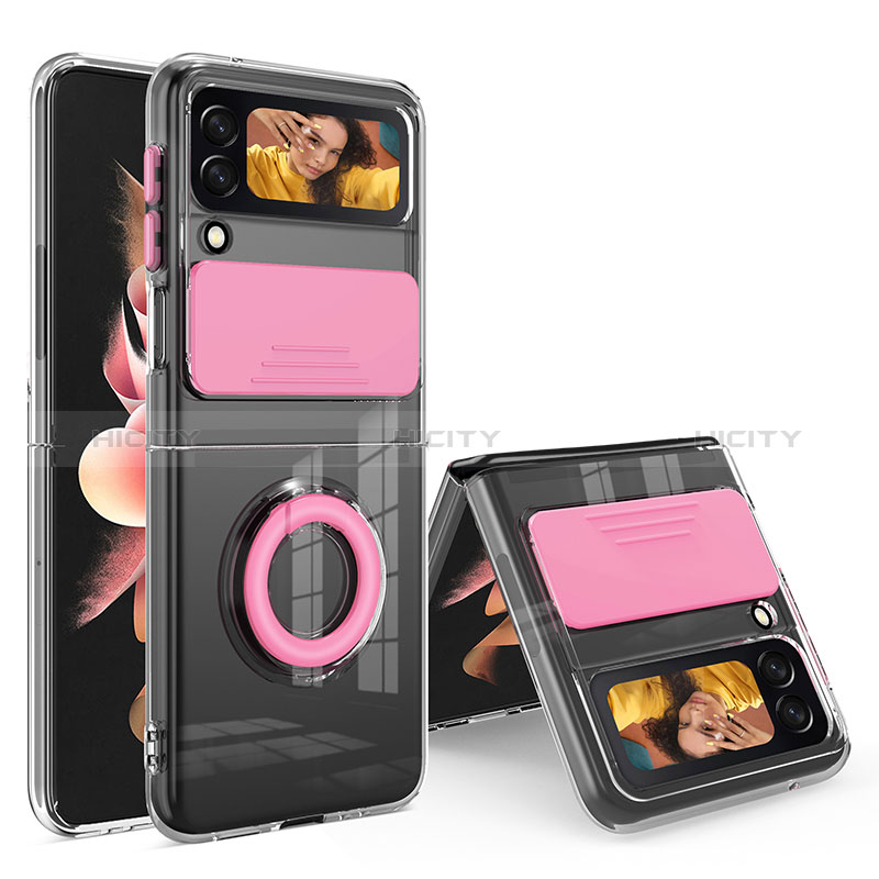 Custodia Silicone Trasparente Ultra Slim Cover Morbida con Anello Supporto S01 per Samsung Galaxy Z Flip3 5G Rosa Caldo
