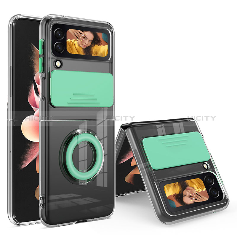Custodia Silicone Trasparente Ultra Slim Cover Morbida con Anello Supporto S01 per Samsung Galaxy Z Flip3 5G Verde