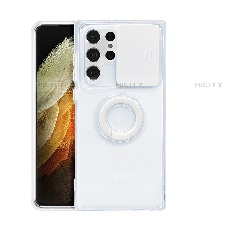 Custodia Silicone Trasparente Ultra Slim Cover Morbida con Anello Supporto S02 per Samsung Galaxy S22 Ultra 5G Bianco