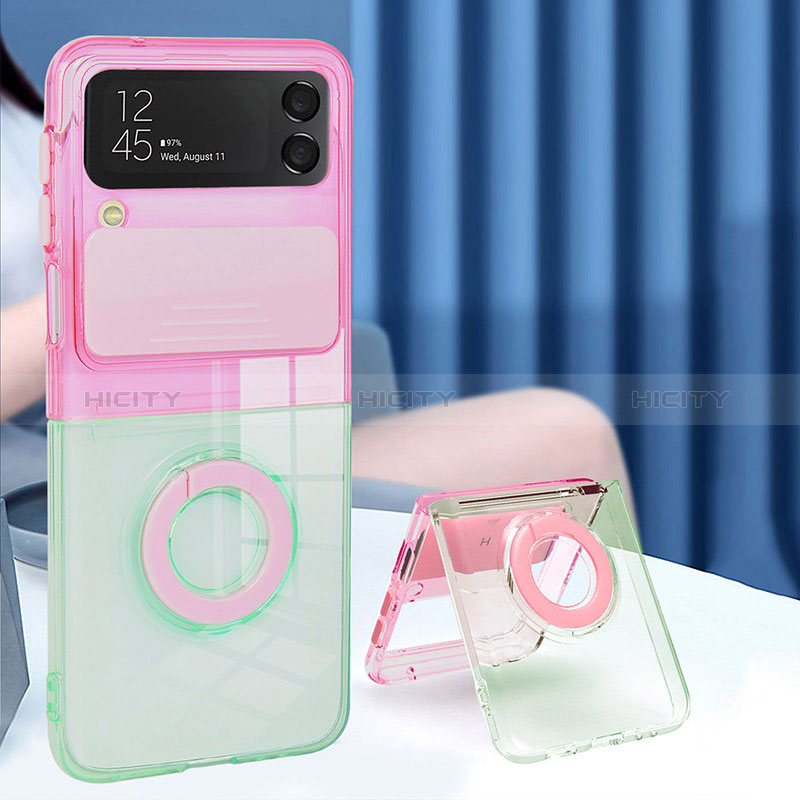 Custodia Silicone Trasparente Ultra Slim Cover Morbida con Anello Supporto S02 per Samsung Galaxy Z Flip3 5G