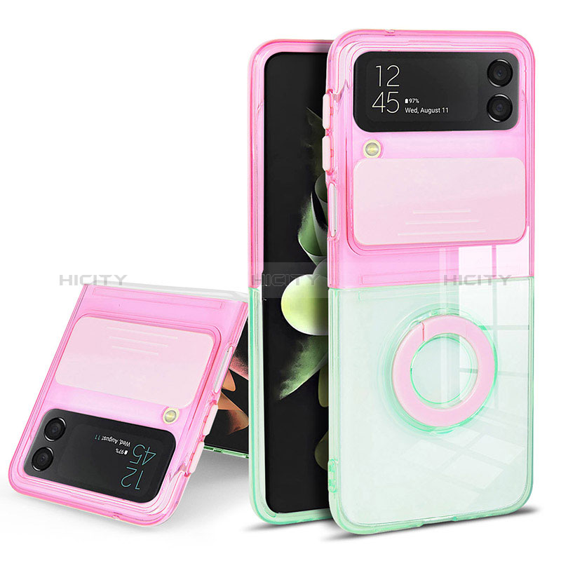 Custodia Silicone Trasparente Ultra Slim Cover Morbida con Anello Supporto S02 per Samsung Galaxy Z Flip3 5G