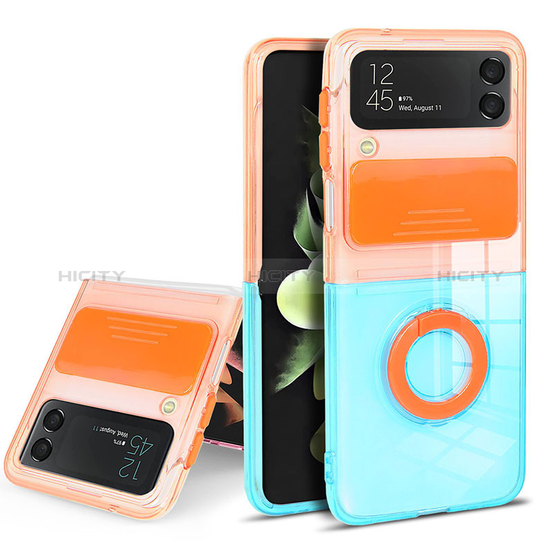 Custodia Silicone Trasparente Ultra Slim Cover Morbida con Anello Supporto S02 per Samsung Galaxy Z Flip3 5G Arancione