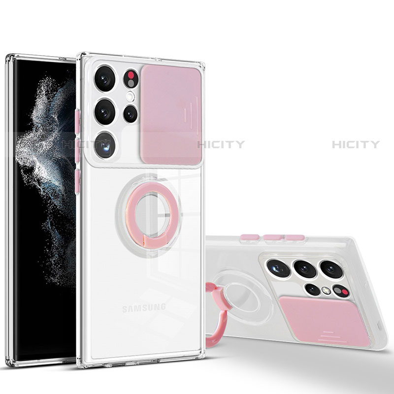 Custodia Silicone Trasparente Ultra Slim Cover Morbida con Anello Supporto S03 per Samsung Galaxy S22 Ultra 5G Rosa
