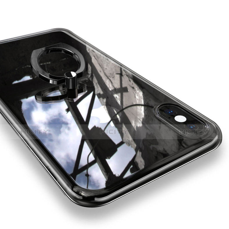 Custodia Silicone Trasparente Ultra Slim Cover Morbida con Anello Supporto V01 per Apple iPhone Xs Nero