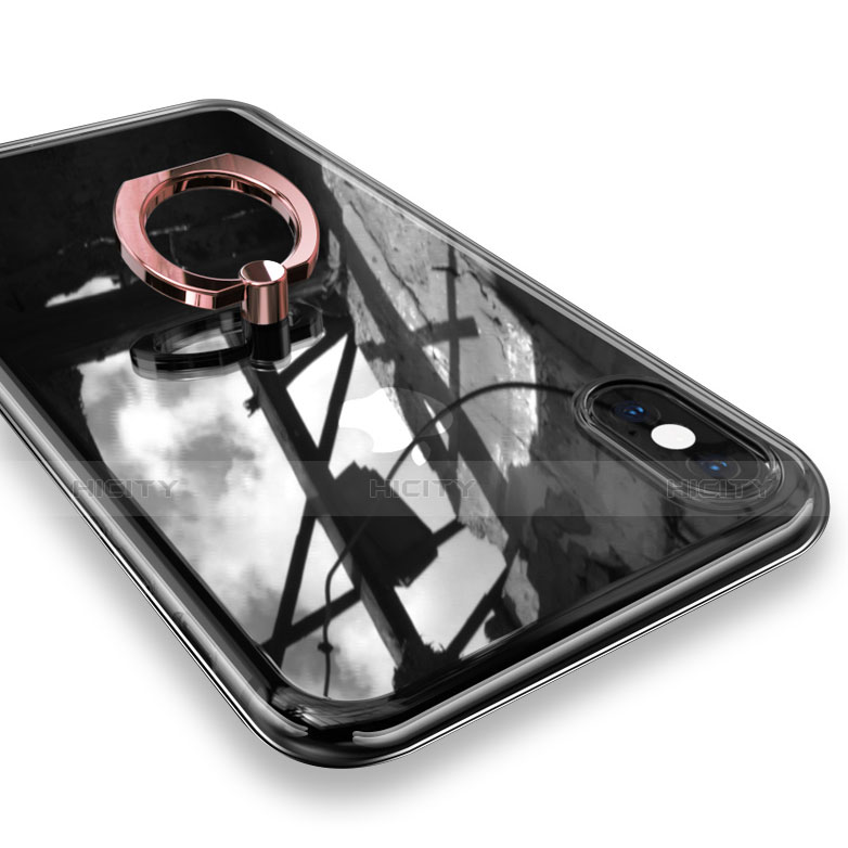 Custodia Silicone Trasparente Ultra Slim Cover Morbida con Anello Supporto V01 per Apple iPhone Xs Oro Rosa