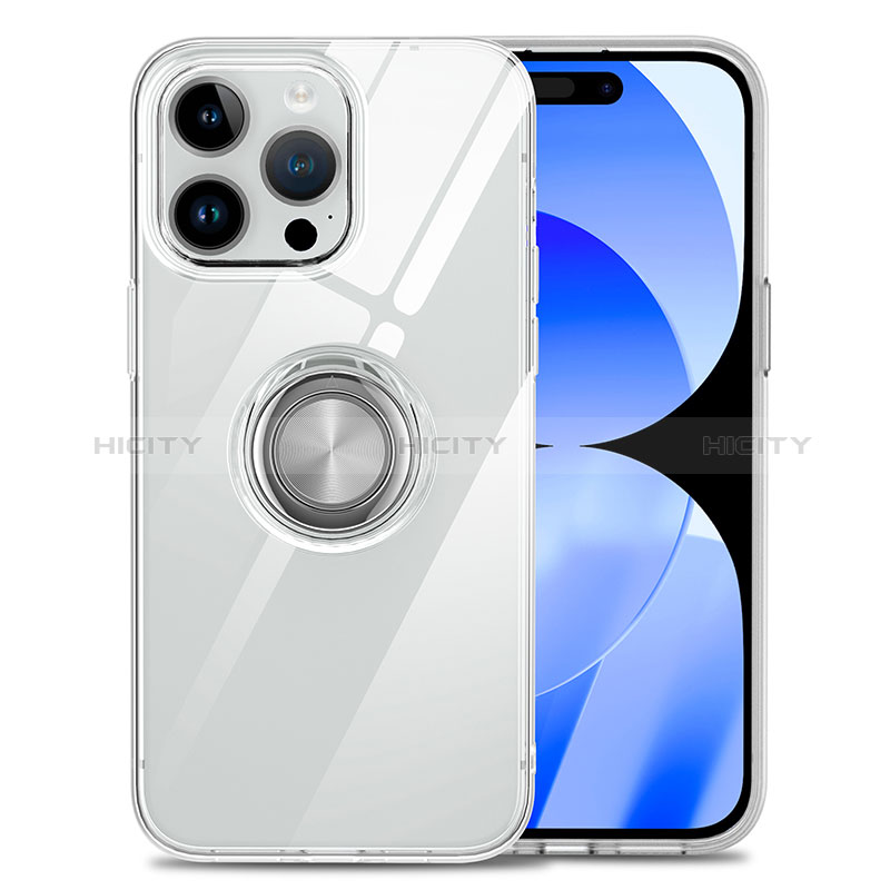 Custodia Silicone Trasparente Ultra Slim Cover Morbida con Magnetico Anello Supporto A01 per Apple iPhone 15 Pro Chiaro