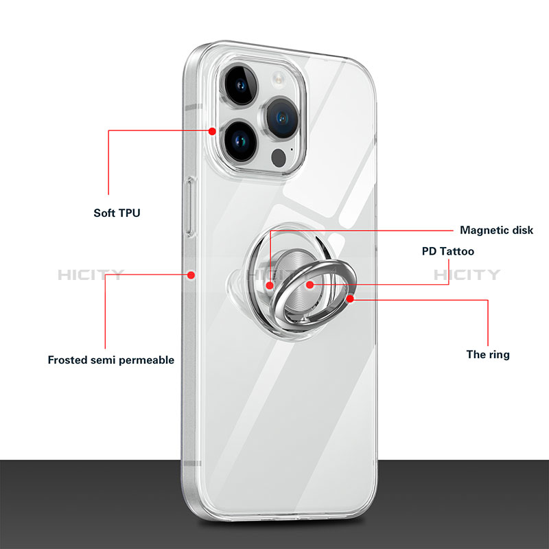 Custodia Silicone Trasparente Ultra Slim Cover Morbida con Magnetico Anello Supporto A01 per Apple iPhone 15 Pro Max Chiaro
