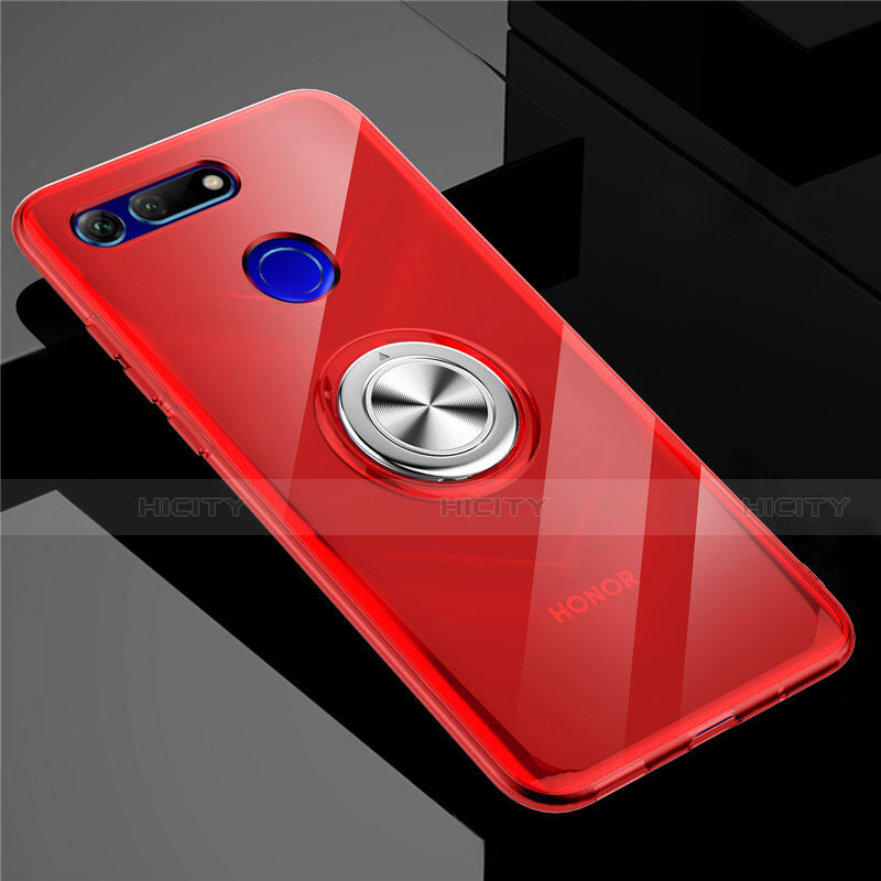 Custodia Silicone Trasparente Ultra Slim Cover Morbida con Magnetico Anello Supporto C01 per Huawei Honor V20 Rosso