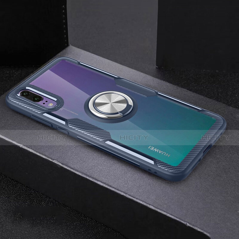 Custodia Silicone Trasparente Ultra Slim Cover Morbida con Magnetico Anello Supporto C01 per Huawei P20