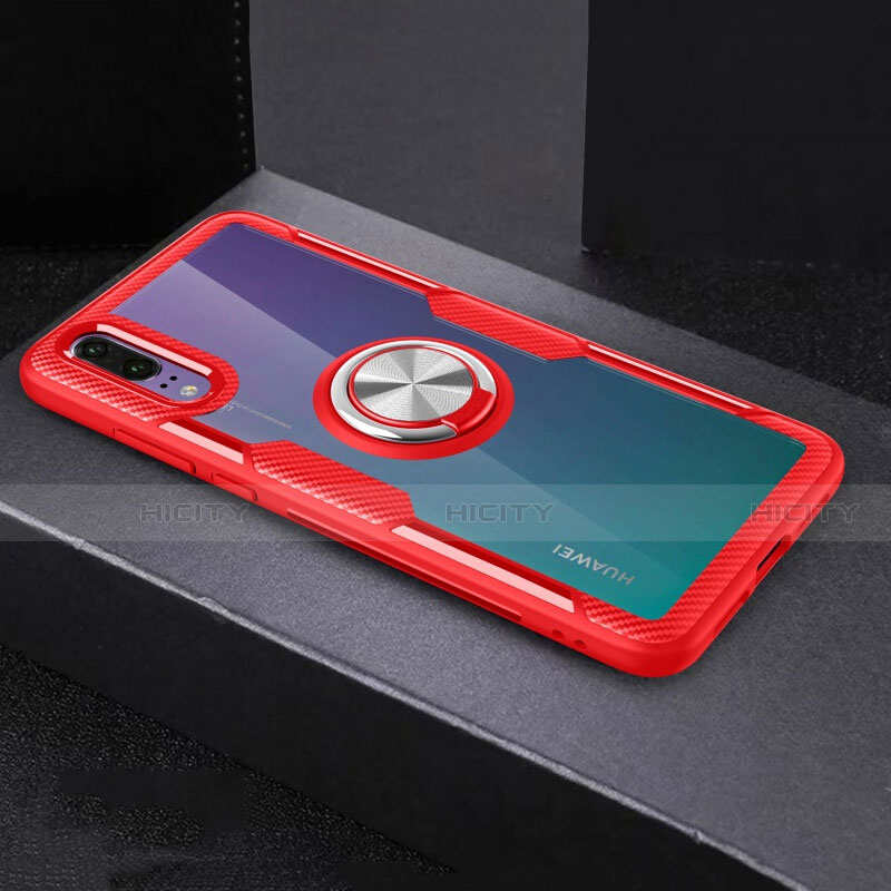 Custodia Silicone Trasparente Ultra Slim Cover Morbida con Magnetico Anello Supporto C01 per Huawei P20 Rosso