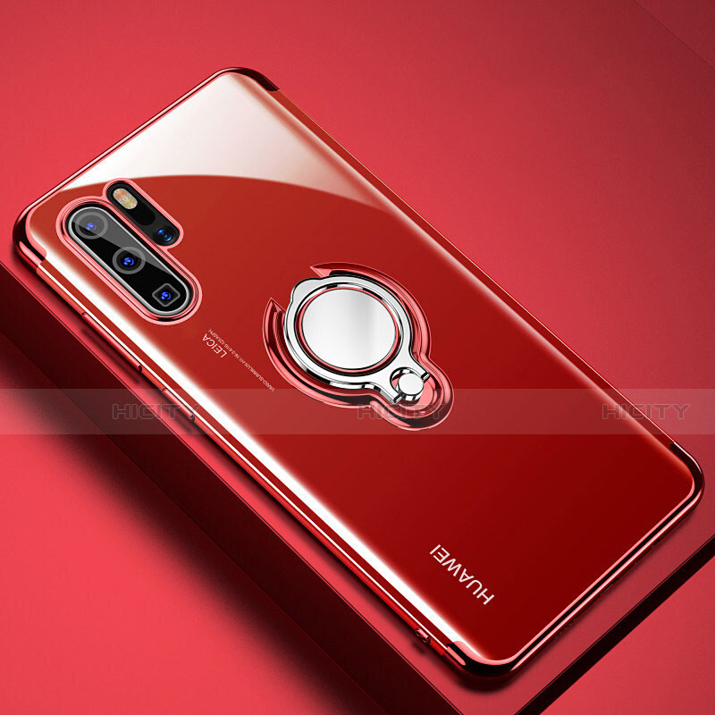 Custodia Silicone Trasparente Ultra Slim Cover Morbida con Magnetico Anello Supporto C01 per Huawei P30 Pro New Edition Rosso