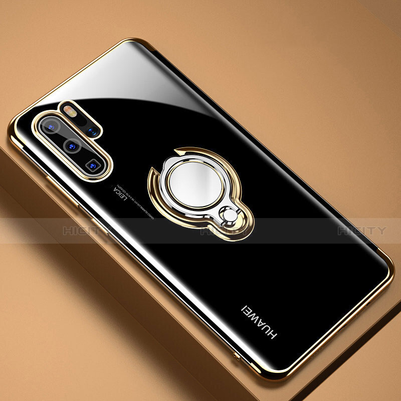 Custodia Silicone Trasparente Ultra Slim Cover Morbida con Magnetico Anello Supporto C01 per Huawei P30 Pro Oro