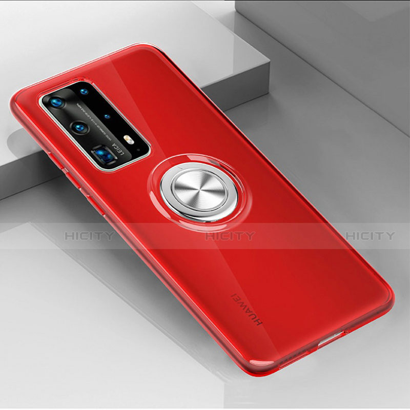 Custodia Silicone Trasparente Ultra Slim Cover Morbida con Magnetico Anello Supporto C01 per Huawei P40 Pro+ Plus Rosso
