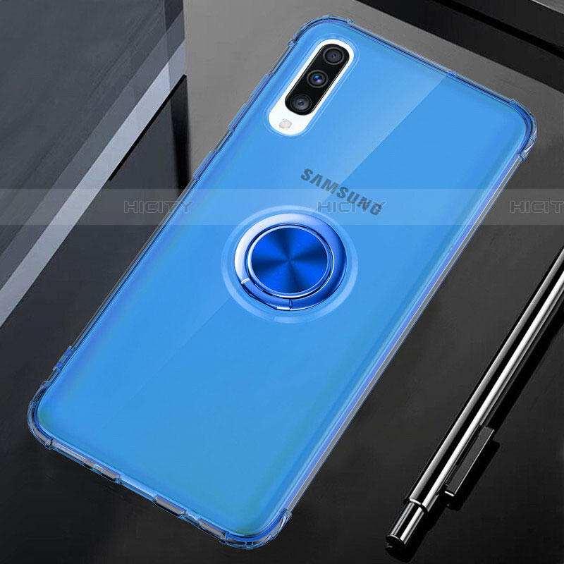 Custodia Silicone Trasparente Ultra Slim Cover Morbida con Magnetico Anello Supporto C01 per Samsung Galaxy A70S Blu