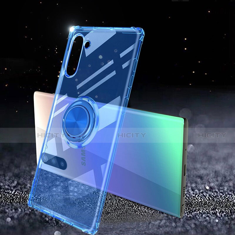 Custodia Silicone Trasparente Ultra Slim Cover Morbida con Magnetico Anello Supporto C01 per Samsung Galaxy Note 10 5G Blu