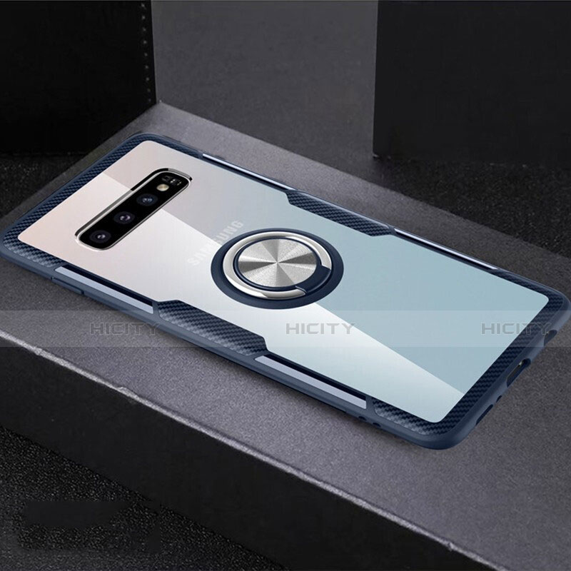 Custodia Silicone Trasparente Ultra Slim Cover Morbida con Magnetico Anello Supporto C01 per Samsung Galaxy S10 Plus Blu