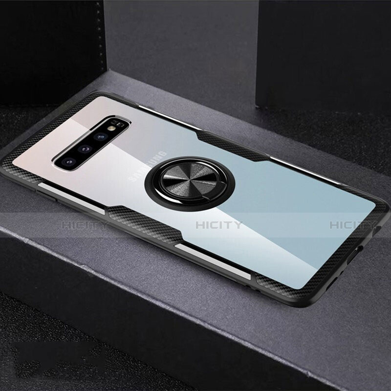 Custodia Silicone Trasparente Ultra Slim Cover Morbida con Magnetico Anello Supporto C01 per Samsung Galaxy S10 Plus Nero