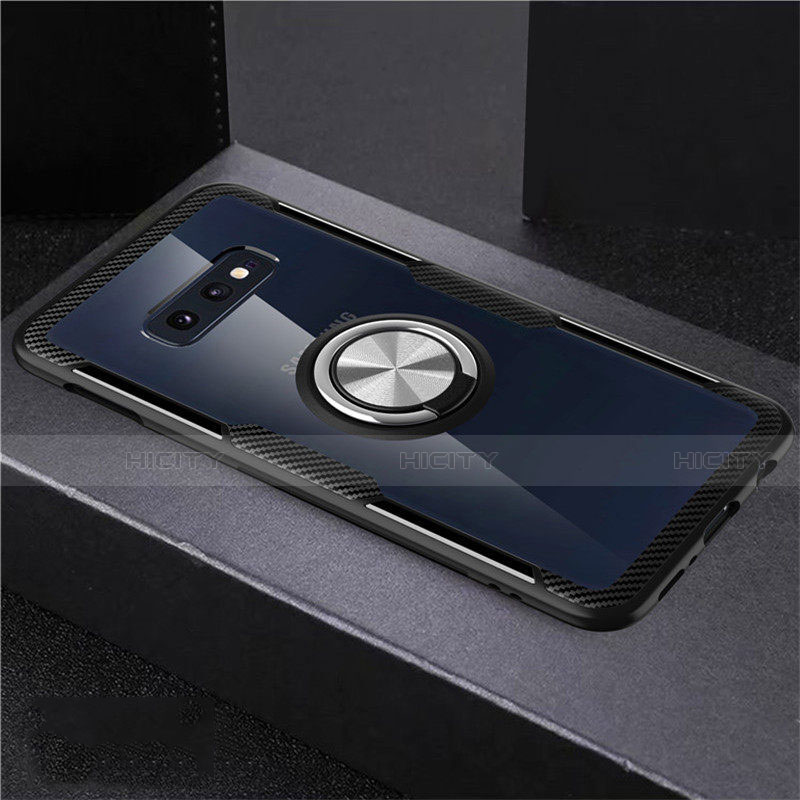 Custodia Silicone Trasparente Ultra Slim Cover Morbida con Magnetico Anello Supporto C01 per Samsung Galaxy S10e Argento e Nero
