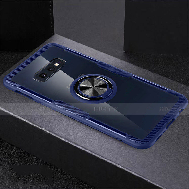 Custodia Silicone Trasparente Ultra Slim Cover Morbida con Magnetico Anello Supporto C01 per Samsung Galaxy S10e Blu e Nero