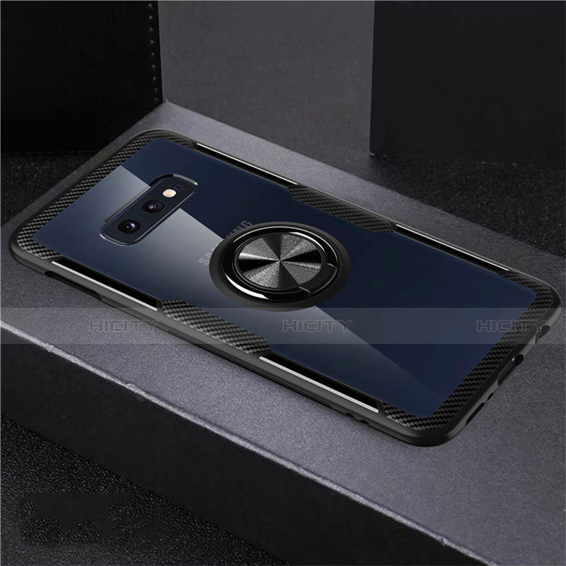 Custodia Silicone Trasparente Ultra Slim Cover Morbida con Magnetico Anello Supporto C01 per Samsung Galaxy S10e Nero