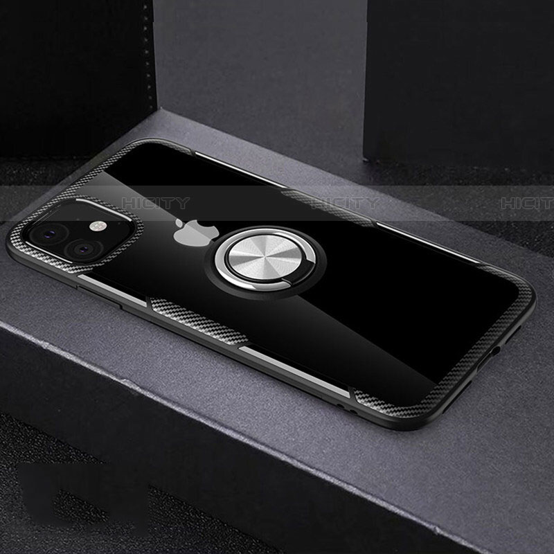 Custodia Silicone Trasparente Ultra Slim Cover Morbida con Magnetico Anello Supporto C02 per Apple iPhone 11 Argento e Nero