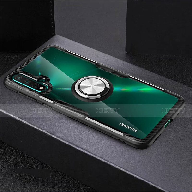 Custodia Silicone Trasparente Ultra Slim Cover Morbida con Magnetico Anello Supporto C02 per Huawei Nova 5 Argento e Nero