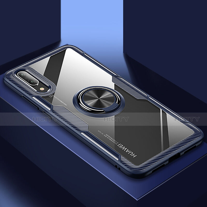 Custodia Silicone Trasparente Ultra Slim Cover Morbida con Magnetico Anello Supporto C02 per Huawei P20 Blu