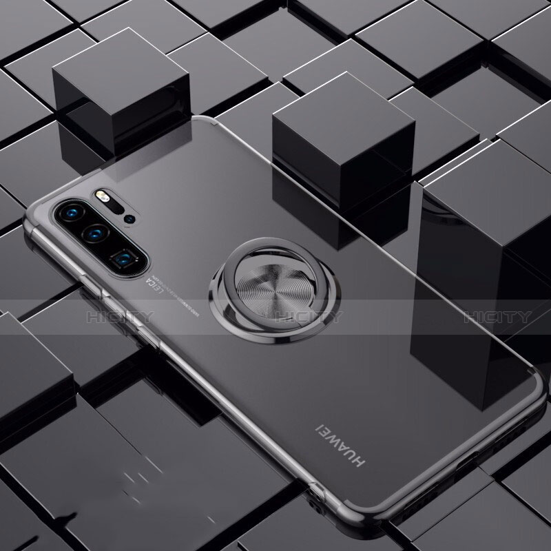 Custodia Silicone Trasparente Ultra Slim Cover Morbida con Magnetico Anello Supporto C02 per Huawei P30 Pro Nero