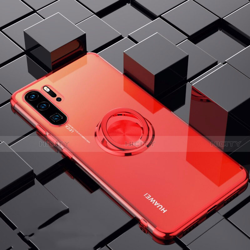 Custodia Silicone Trasparente Ultra Slim Cover Morbida con Magnetico Anello Supporto C02 per Huawei P30 Pro New Edition Rosso