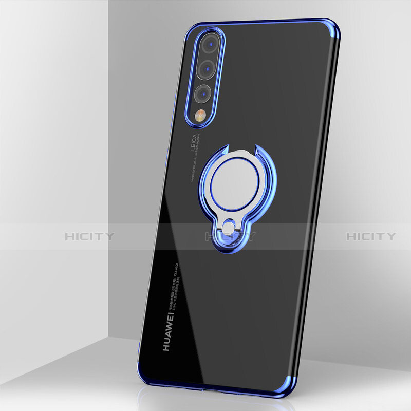 Custodia Silicone Trasparente Ultra Slim Cover Morbida con Magnetico Anello Supporto C03 per Huawei P20 Pro Blu