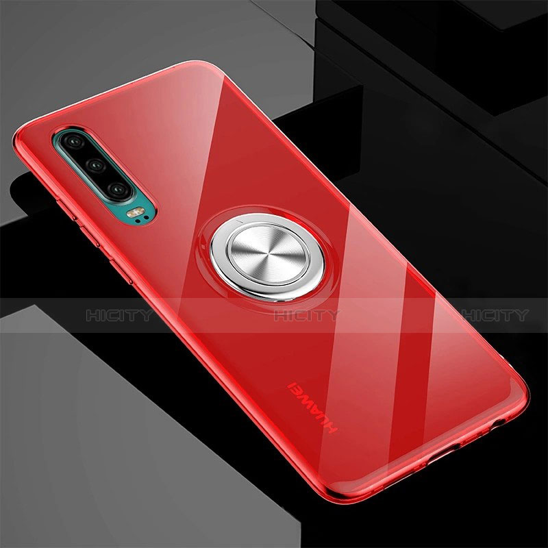 Custodia Silicone Trasparente Ultra Slim Cover Morbida con Magnetico Anello Supporto C03 per Huawei P30 Rosso