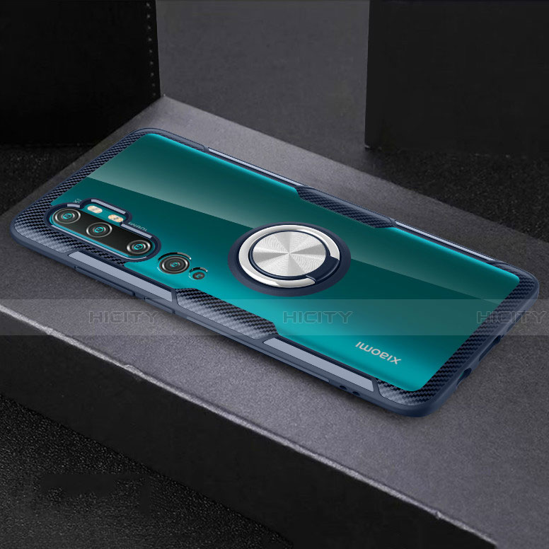 Custodia Silicone Trasparente Ultra Slim Cover Morbida con Magnetico Anello Supporto D01 per Xiaomi Mi Note 10 Blu