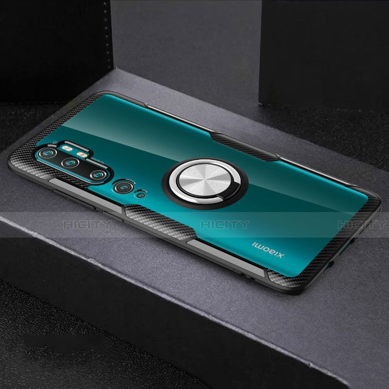 Custodia Silicone Trasparente Ultra Slim Cover Morbida con Magnetico Anello Supporto D01 per Xiaomi Mi Note 10 Pro Argento e Nero