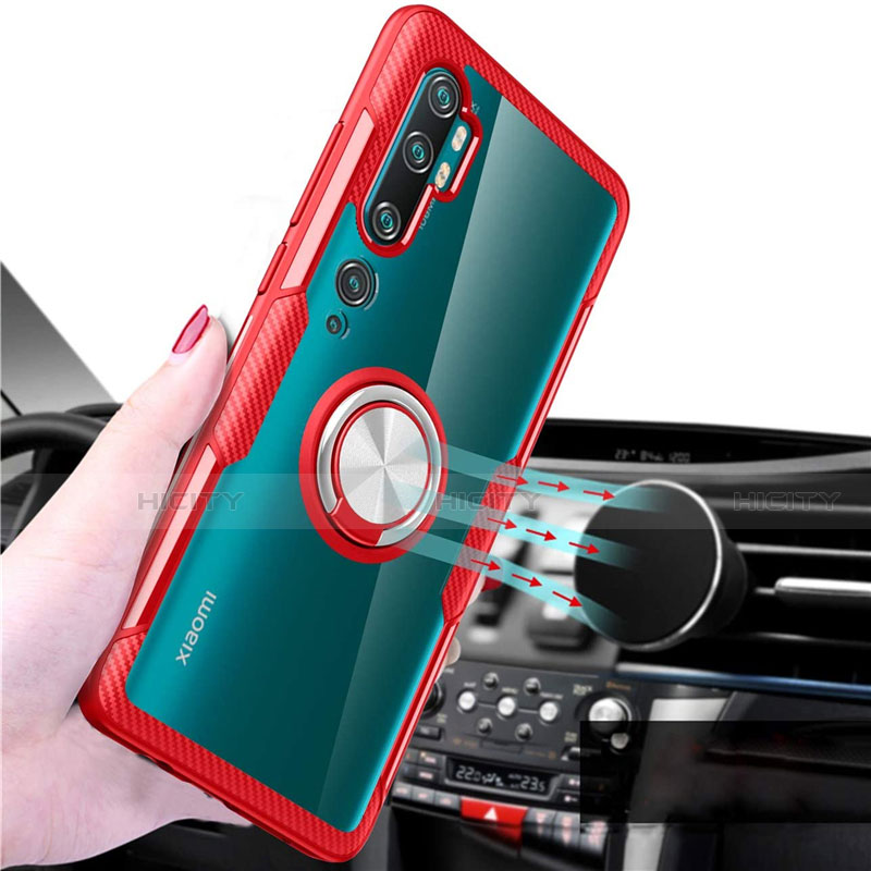 Custodia Silicone Trasparente Ultra Slim Cover Morbida con Magnetico Anello Supporto D02 per Xiaomi Mi Note 10