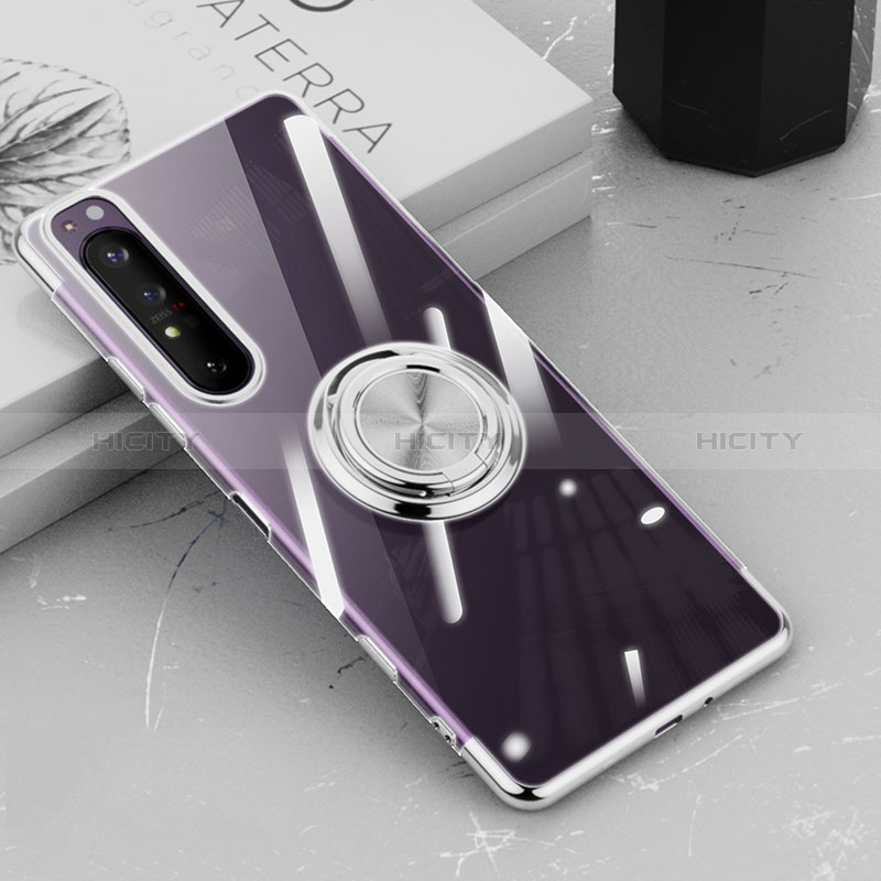 Custodia Silicone Trasparente Ultra Slim Cover Morbida con Magnetico Anello Supporto per Sony Xperia 1 III Argento