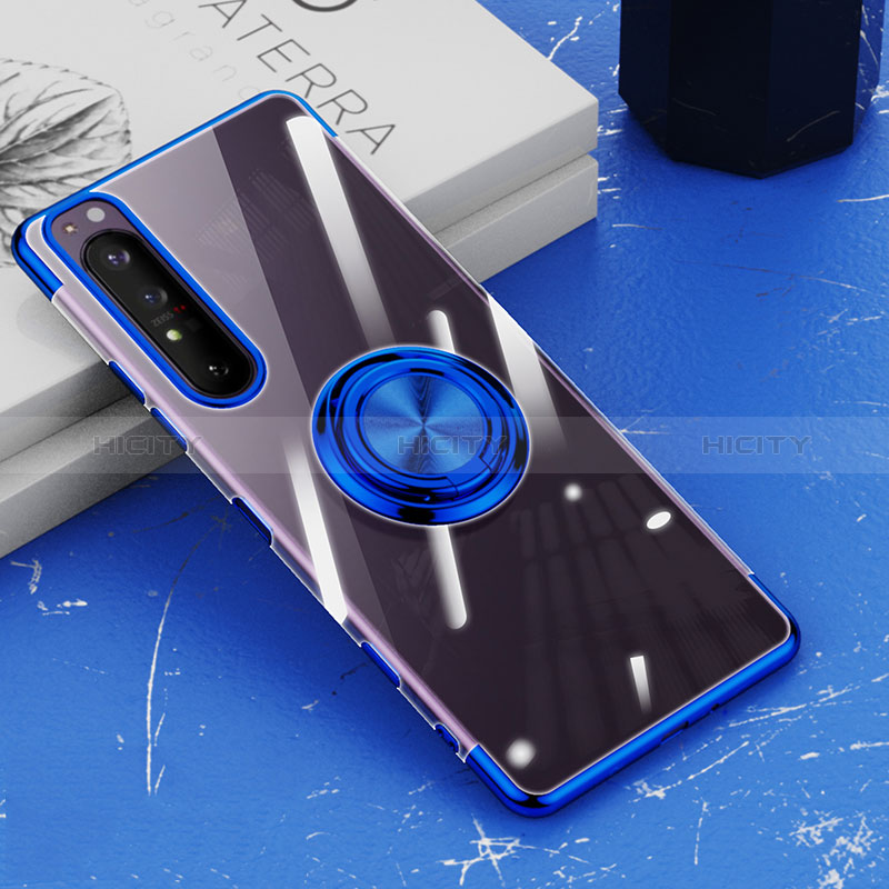 Custodia Silicone Trasparente Ultra Slim Cover Morbida con Magnetico Anello Supporto per Sony Xperia 1 III Blu