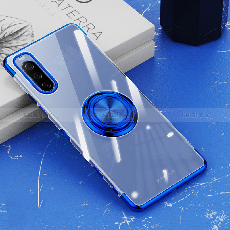 Custodia Silicone Trasparente Ultra Slim Cover Morbida con Magnetico Anello Supporto per Sony Xperia 10 III Blu