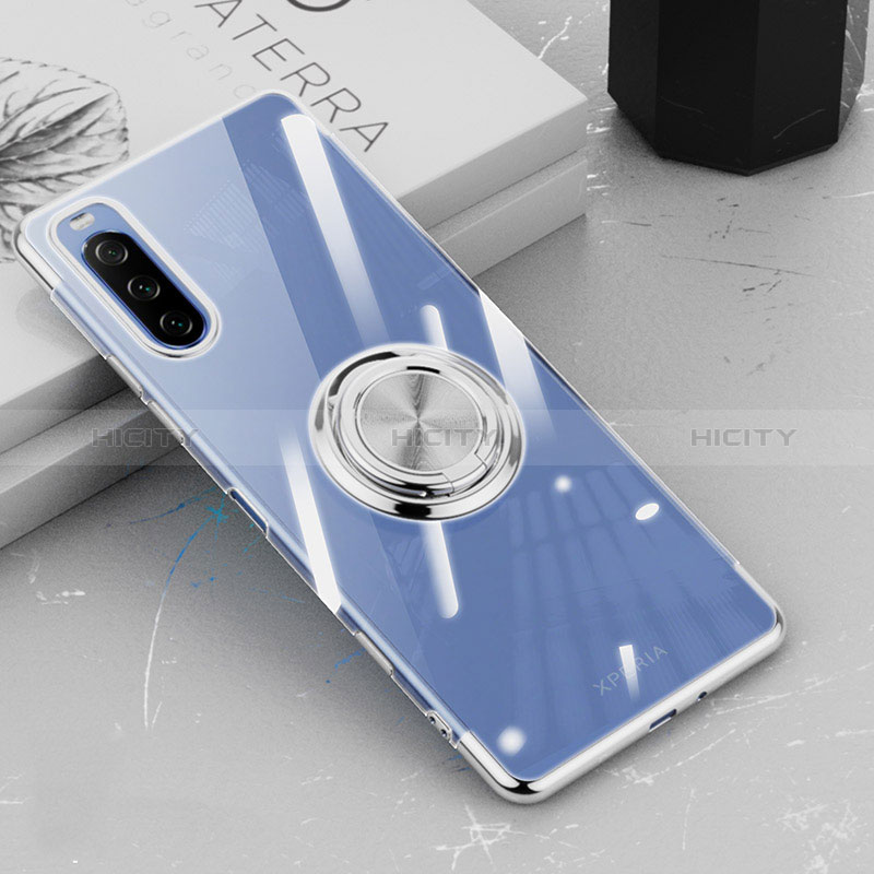 Custodia Silicone Trasparente Ultra Slim Cover Morbida con Magnetico Anello Supporto per Sony Xperia 10 III Lite Argento