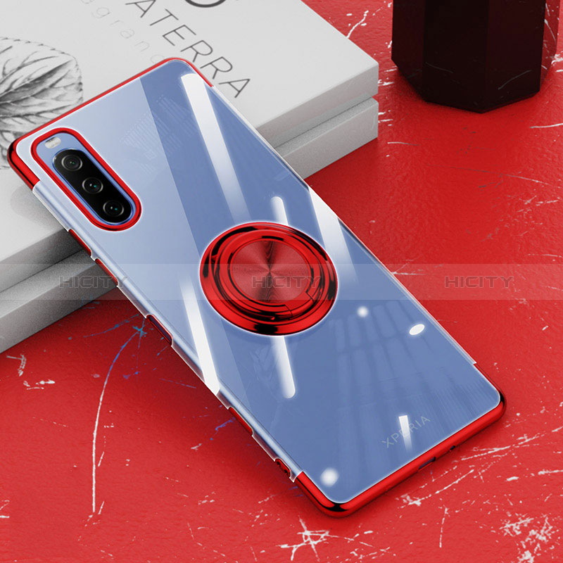 Custodia Silicone Trasparente Ultra Slim Cover Morbida con Magnetico Anello Supporto per Sony Xperia 10 III Rosso