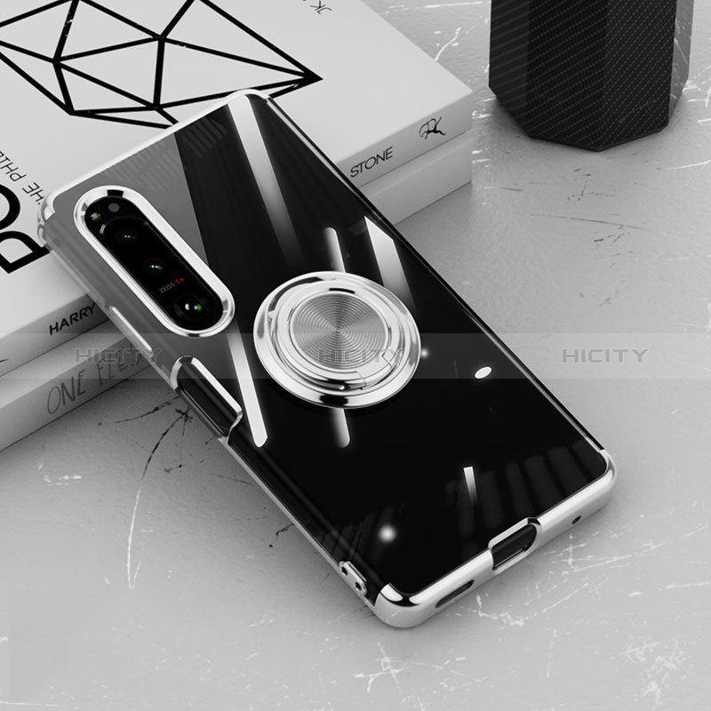 Custodia Silicone Trasparente Ultra Slim Cover Morbida con Magnetico Anello Supporto per Sony Xperia 10 IV Argento