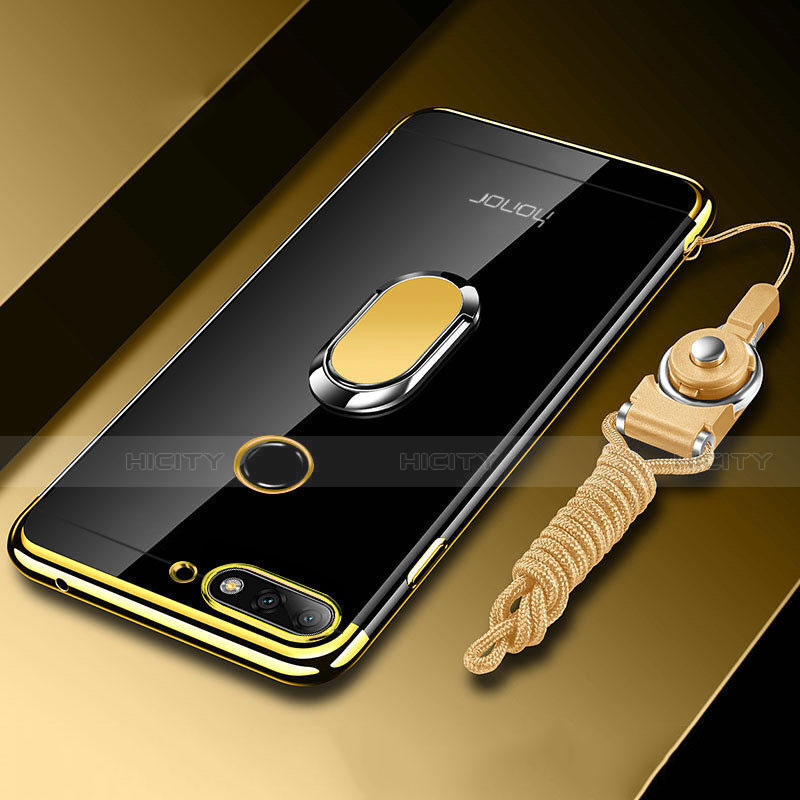 Custodia Silicone Trasparente Ultra Slim Cover Morbida con Magnetico Anello Supporto S01 per Huawei Honor 7A Oro
