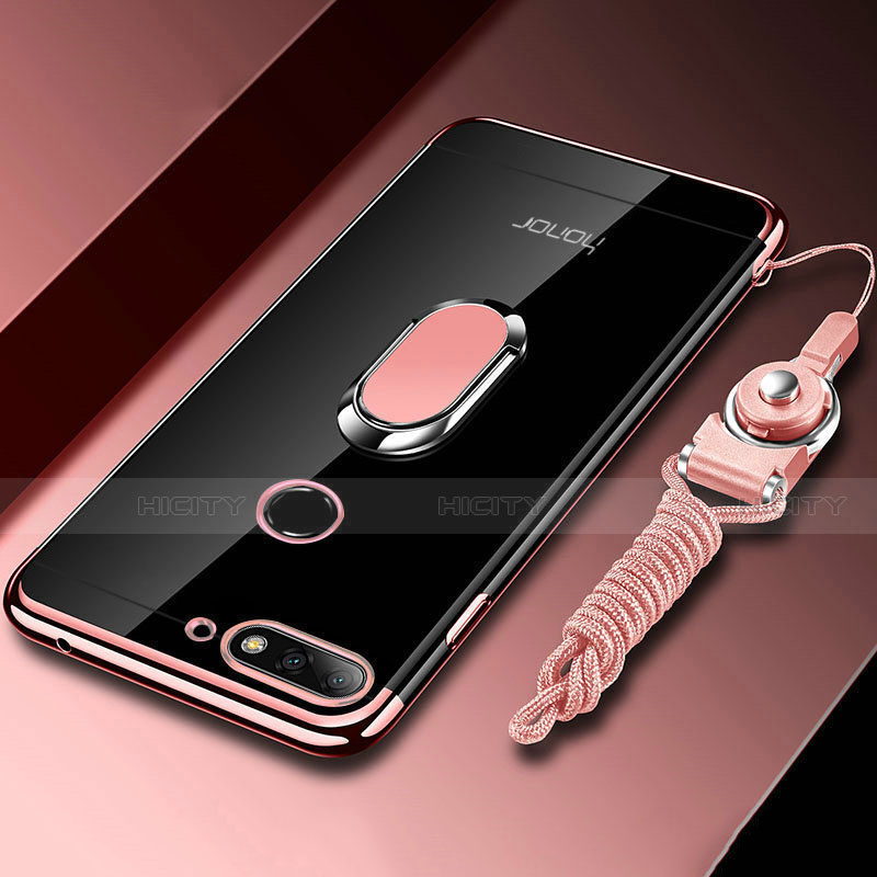 Custodia Silicone Trasparente Ultra Slim Cover Morbida con Magnetico Anello Supporto S01 per Huawei Honor 7A Oro Rosa